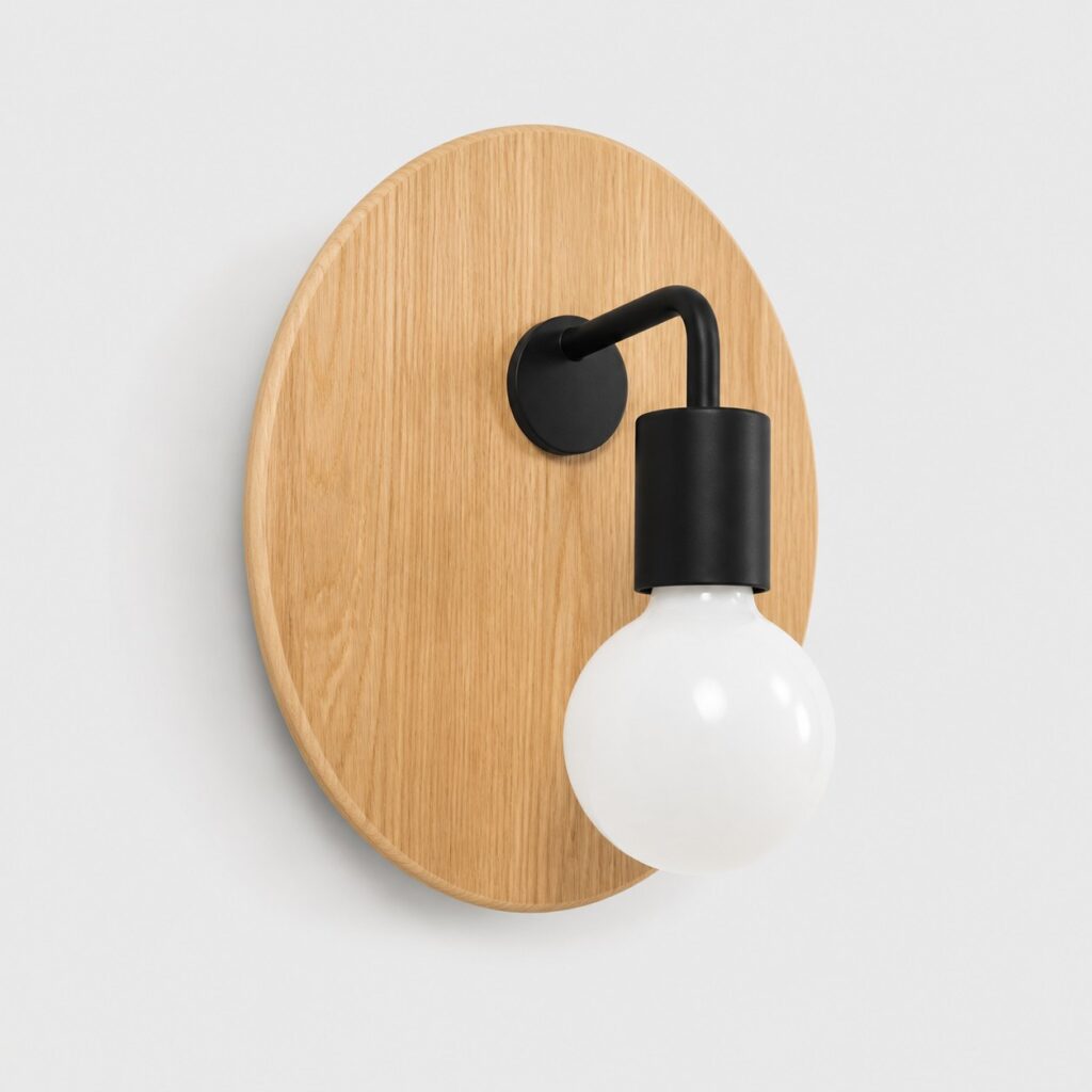 Applique murale à disque de bois clair de 21 cm sur structure métal noir
