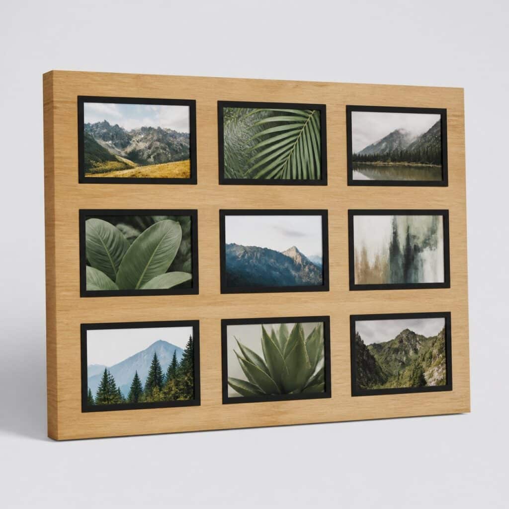 Pêle-mêle mural 9 vues en panneau naturel à liseré noir, format 64 x 50 cm