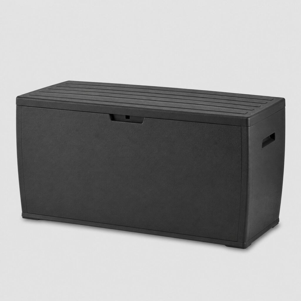Coffre de jardin en résine noire de 119 cm, 320 L, couvercle rabattable