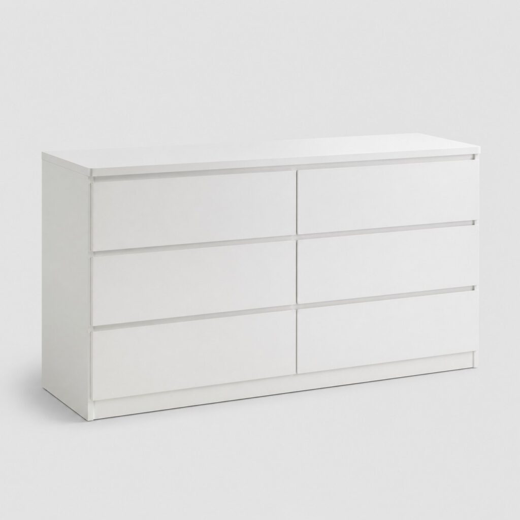 Commode 6 tiroirs blanche de 160 cm, deux colonnes de trois tiroirs