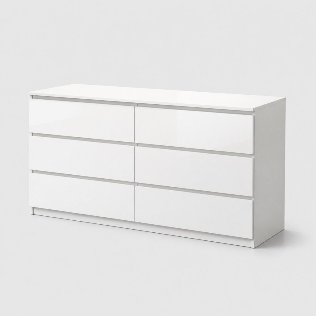 Commode 6 tiroirs blanche de 140 cm, basse et longue