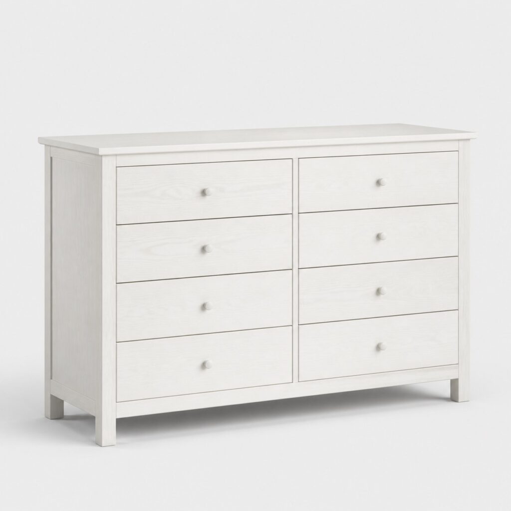 Commode 8 tiroirs en pin massif teinté blanc, 160 cm de large