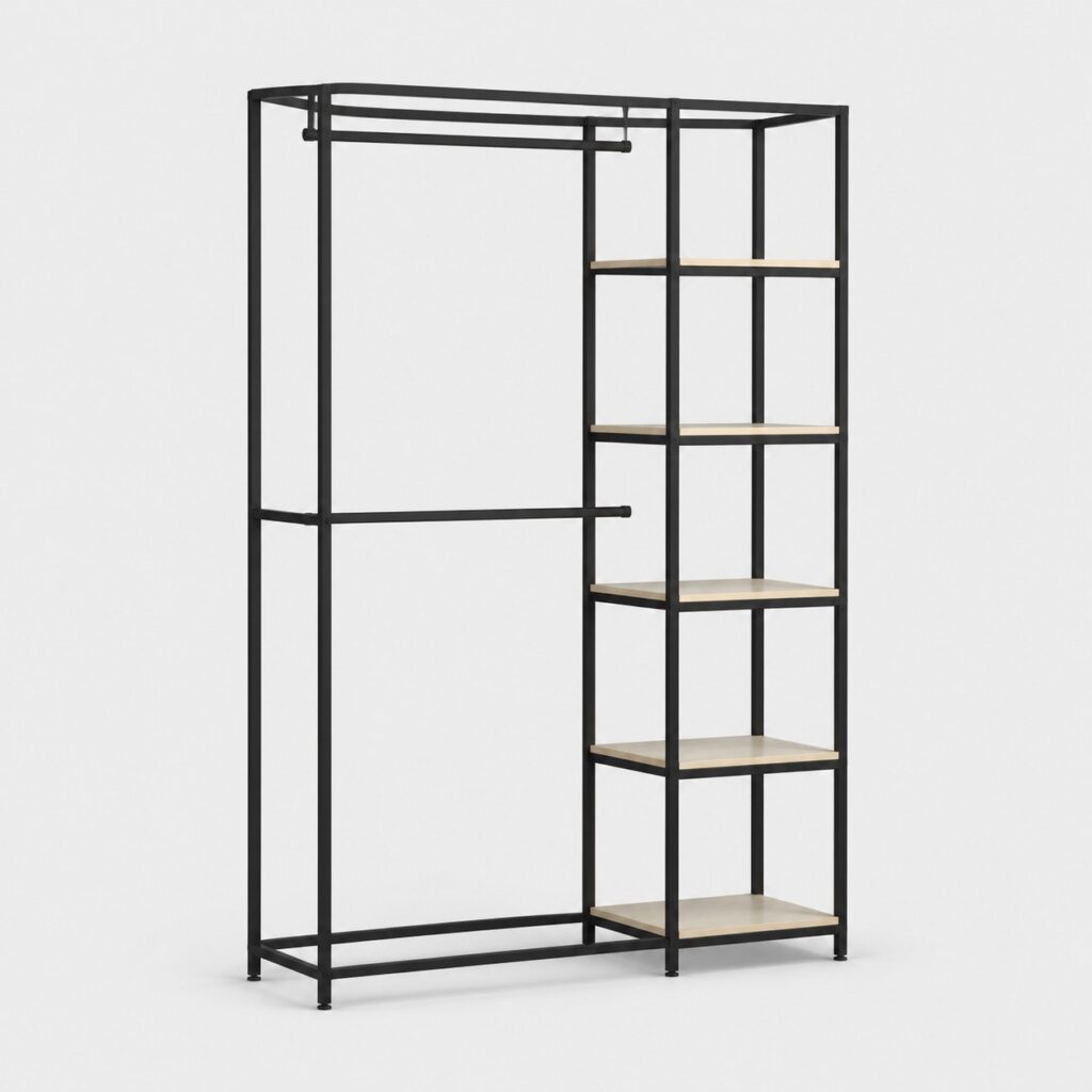 Dressing modulable de 150 cm à structure tubulaire noire, deux penderies et cinq étagères