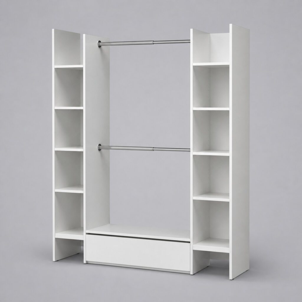 Dressing ouvert extensible de 110 à 160 cm à deux colonnes blanches et deux barres télescopiques