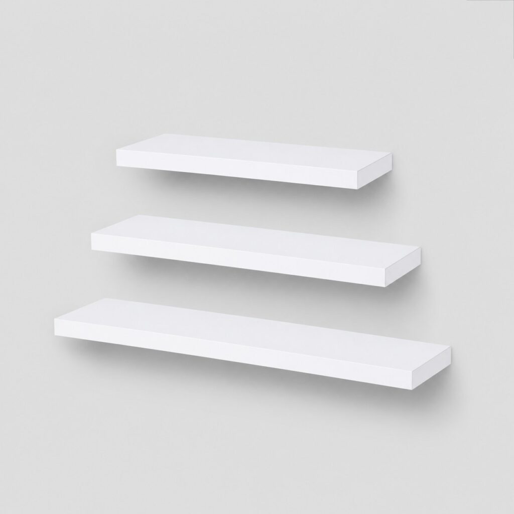 Lot de trois tablettes murales blanches de 60, 45 et 30 cm, vues de trois quarts