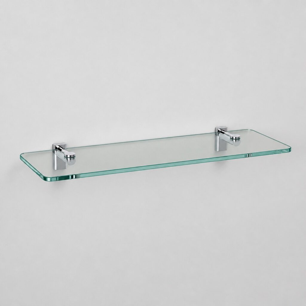 Tablette murale en verre trempé de 38,5 cm sur supports chromés, vue de trois quarts