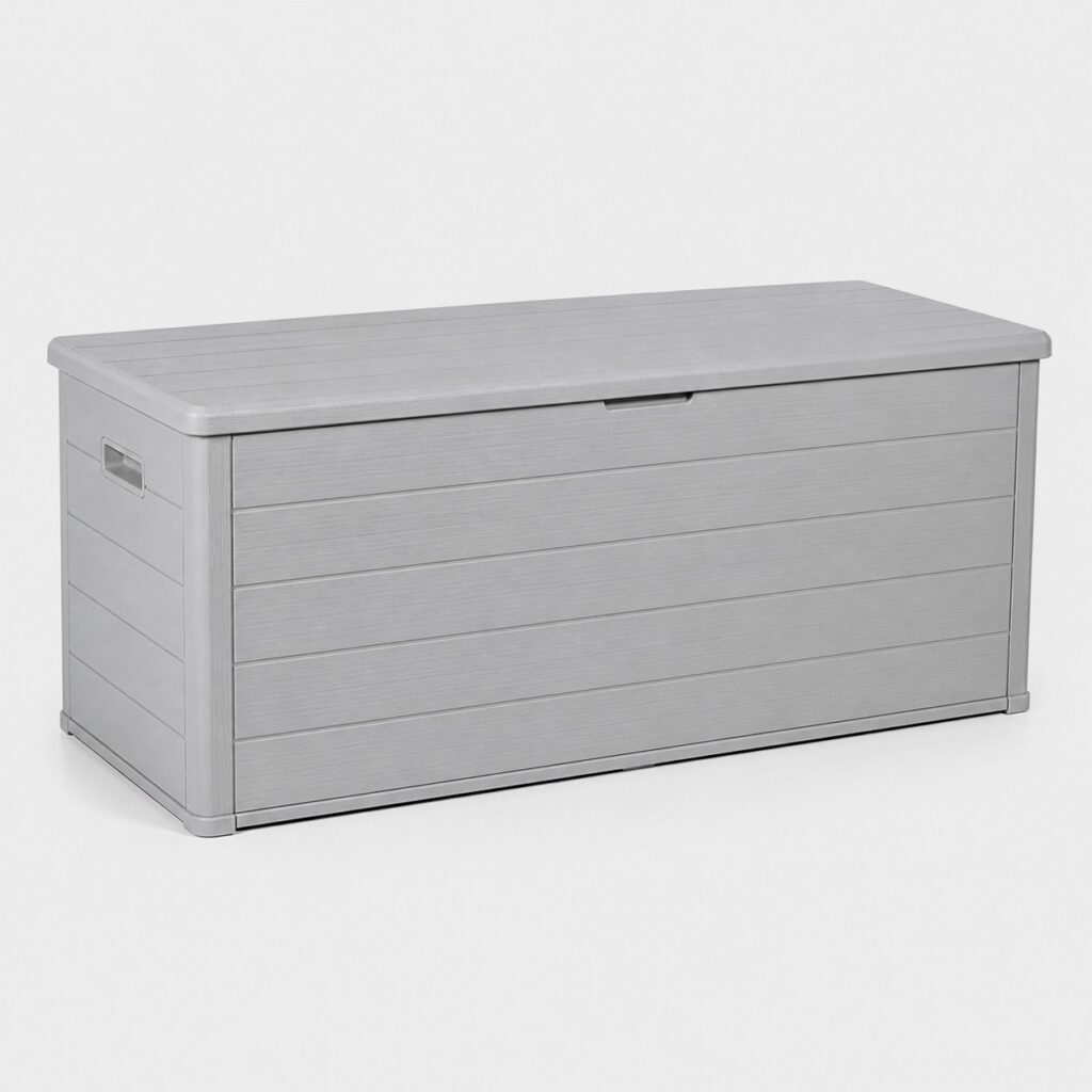 Grand coffre-banc de jardin en résine grise de 155 cm, 570 L
