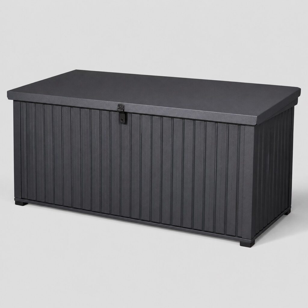 Grand coffre de jardin en acier anthracite de 165 cm, 600 L, à vérins