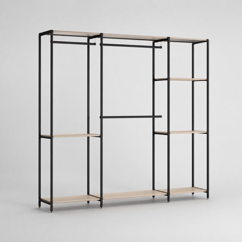 Grand dressing modulable de 250 cm à structure tubulaire noire et trois penderies