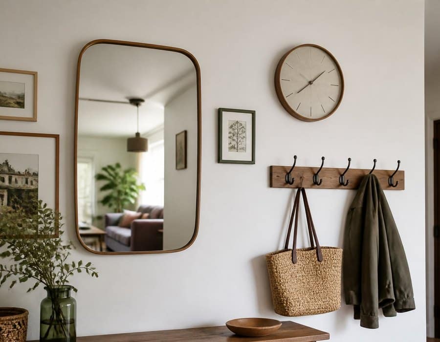 Mur décoré : miroir, cadres, horloge, portemanteau