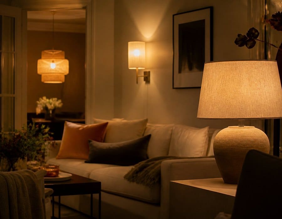Luminaires allumés dans un salon