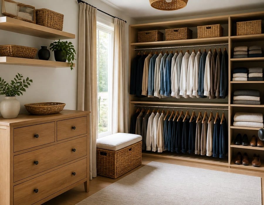 Dressing, commode, étagères et coffre de rangement
