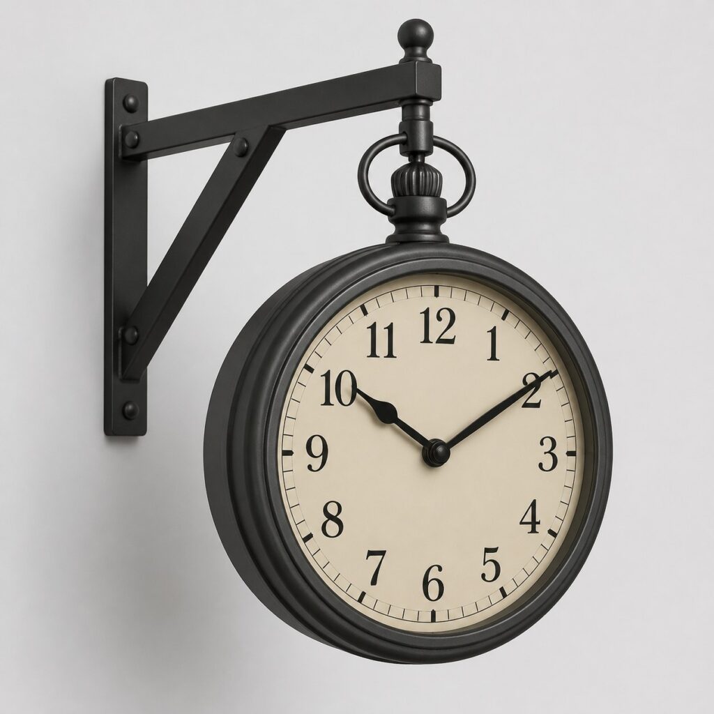 Horloge gousset en acier gris foncé suspendue à sa potence, 41 x 51 cm