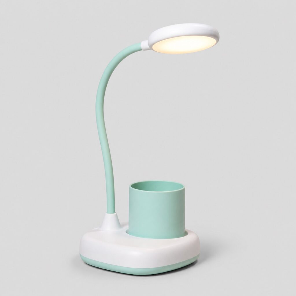 Lampe de bureau enfant en ABS blanc et silicone vert d'eau sur fond gris clair