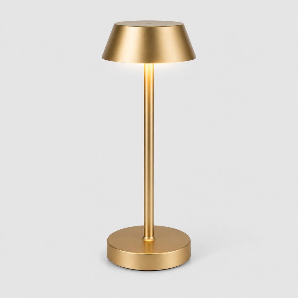 Lampe de bureau sans fil en aluminium doré sur fond gris clair