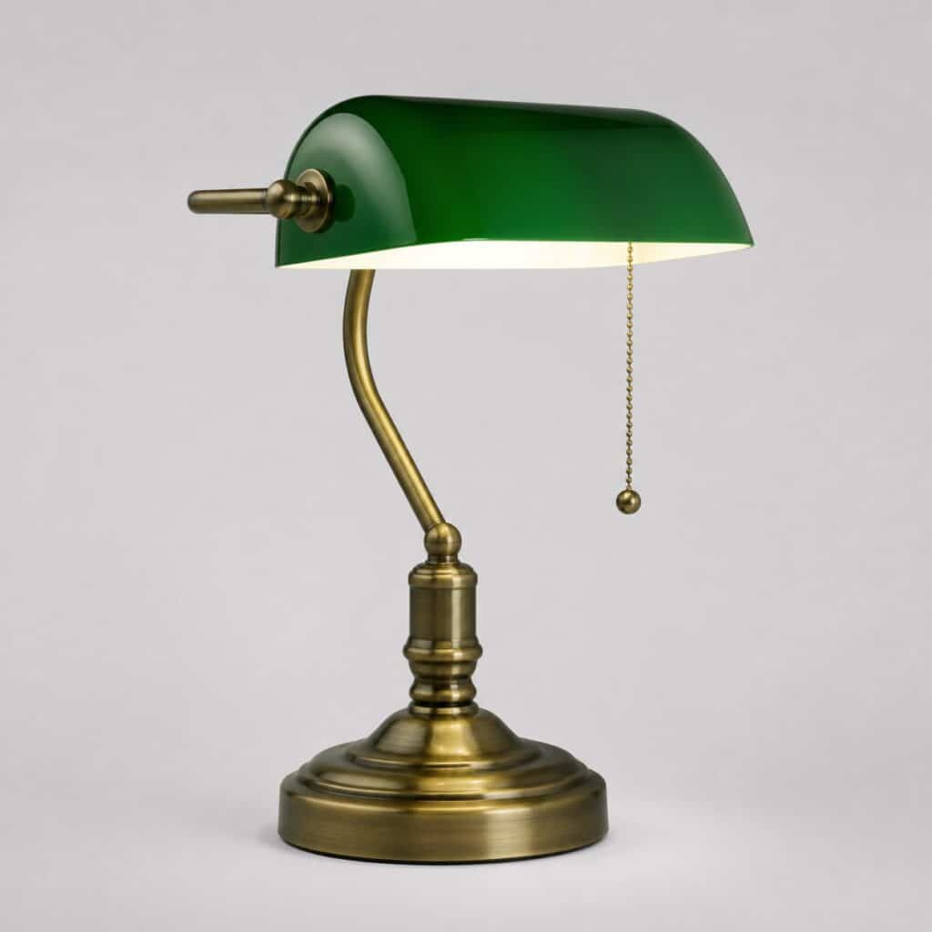 Lampe de bureau verte à abat-jour opaline et pied bronze sur fond gris clair
