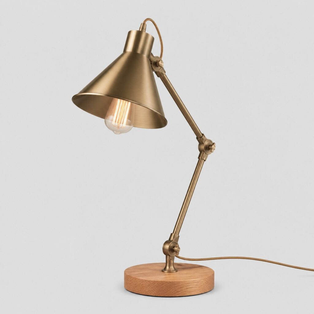 Lampe de bureau vintage en laiton brossé et socle bois sur fond gris clair