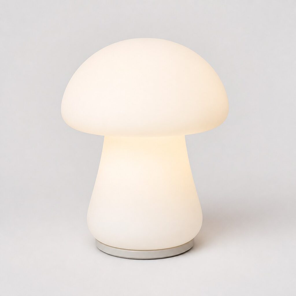 Veilleuse de chevet enfant en silicone blanc, forme champignon, sur fond gris clair