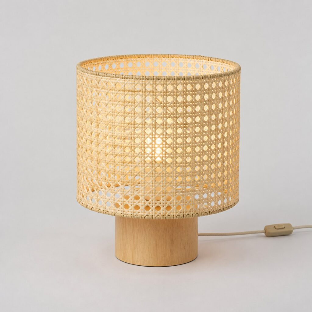 Lampe de chevet à abat-jour cylindrique en rotin naturel tressé sur fond gris clair