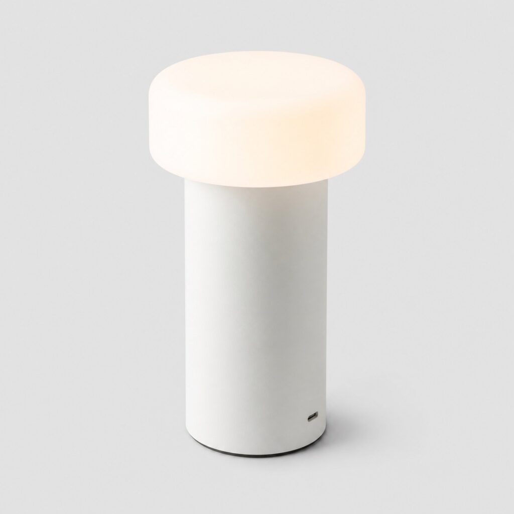 Lampe de chevet sans fil en colonne de métal laqué blanc sur fond gris clair