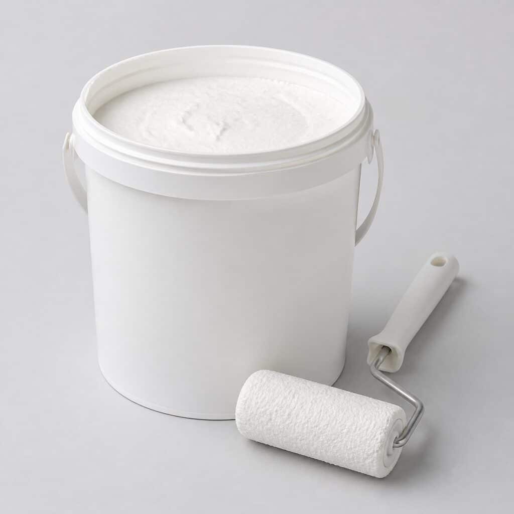 Pot de peinture blanche pour façade 10 L ouvert avec rouleau, fond gris clair