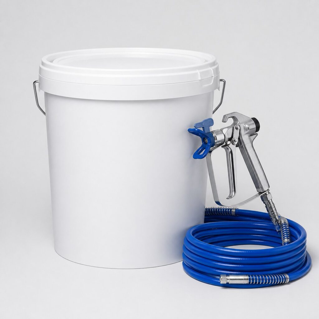 Seau de peinture façade professionnelle 15 L avec pistolet airless, fond gris clair