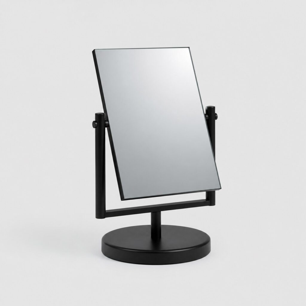 Petit miroir sur pied de 30 cm à support métal noir mat et base ronde