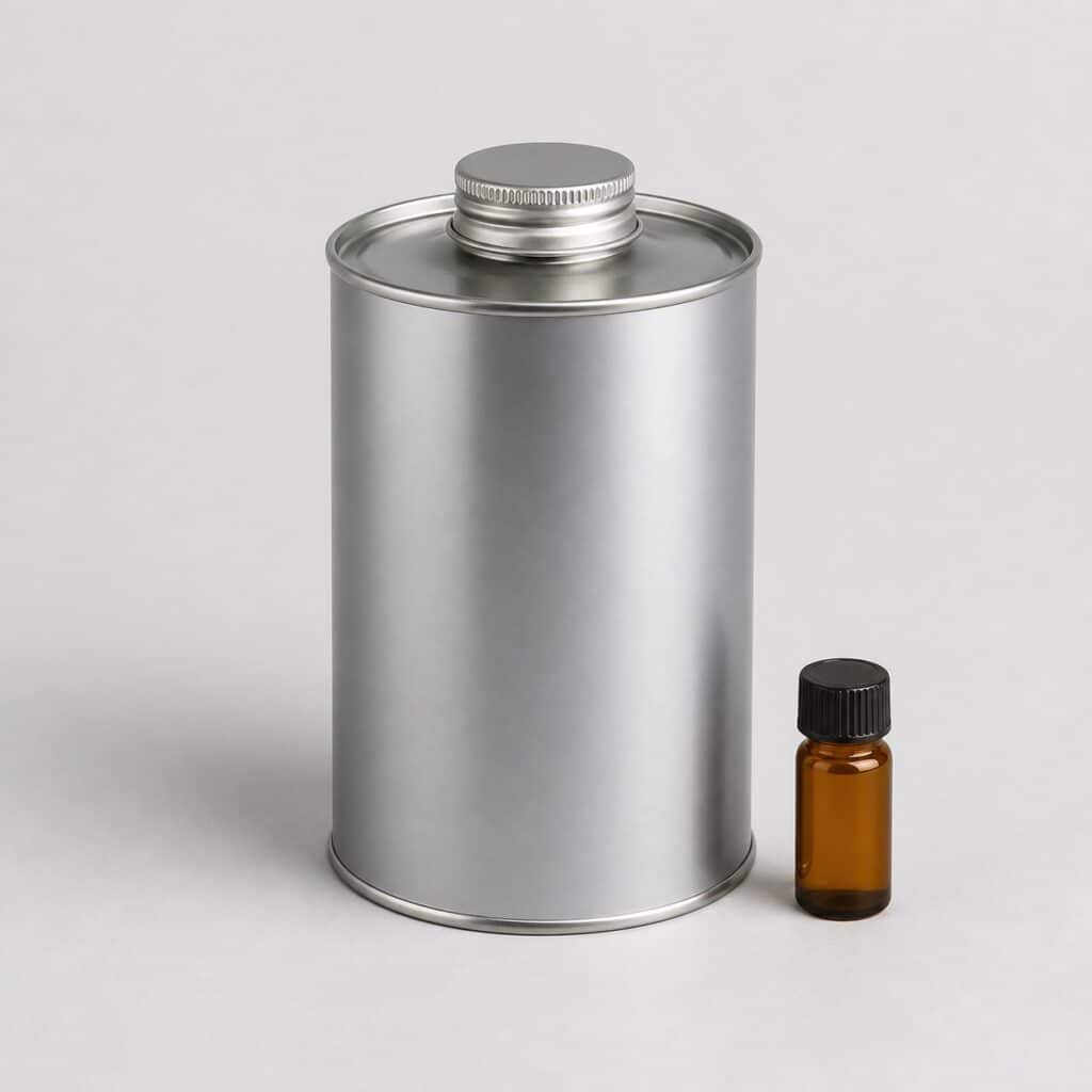 Bidon de 2 L de résine époxy transparente et sa fiole de durcisseur, sur fond gris clair