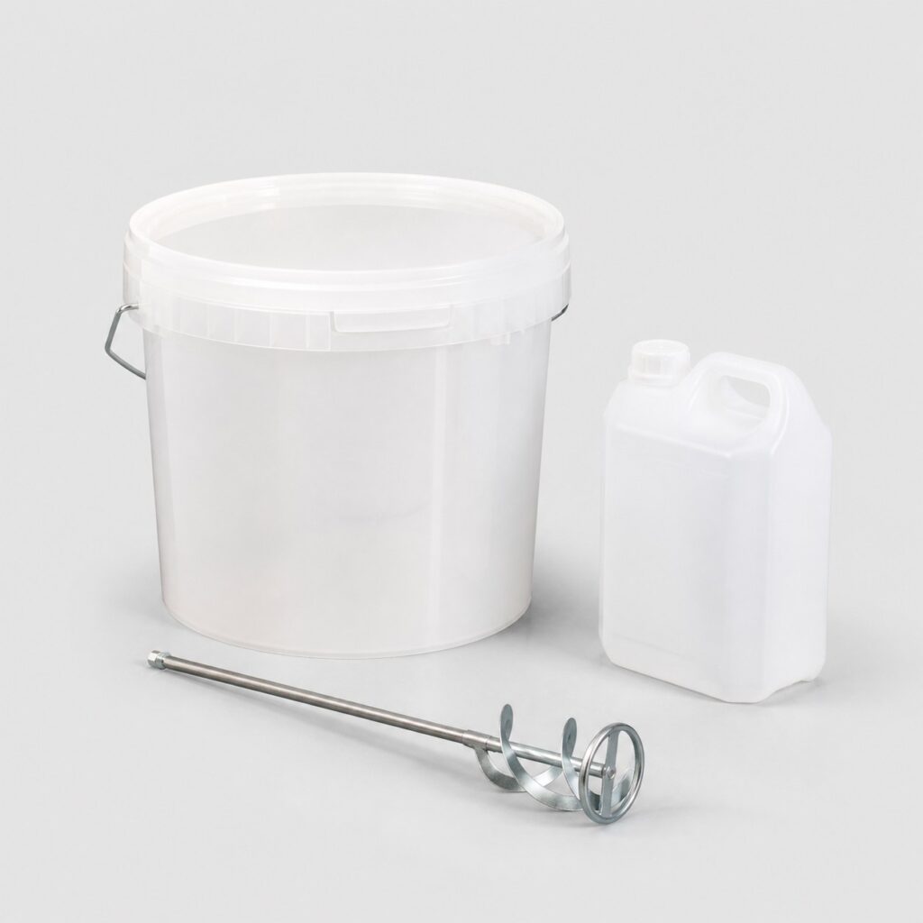 Seau de 8 kg de résine époxy transparente avec durcisseur et malaxeur, fond gris clair