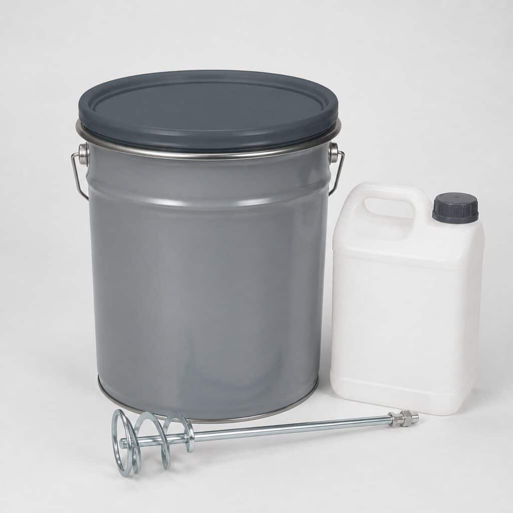 Seau de 5 kg de résine époxy pour sol de garage avec durcisseur et malaxeur, fond gris clair
