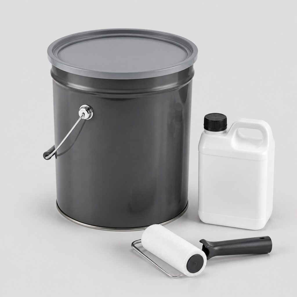 Seau de résine époxy 5 kg pour sol de garage avec durcisseur et rouleau, fond gris clair