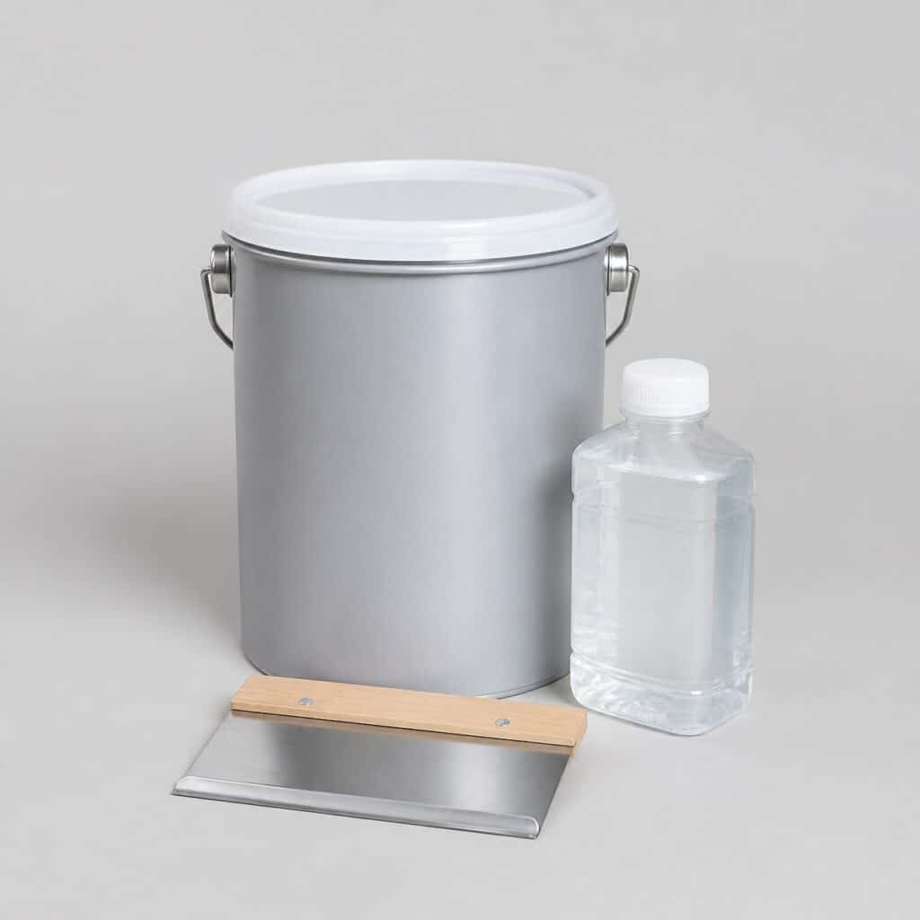 Seau de résine époxy 5 kg pour sol intérieur avec son durcisseur, sur fond gris clair