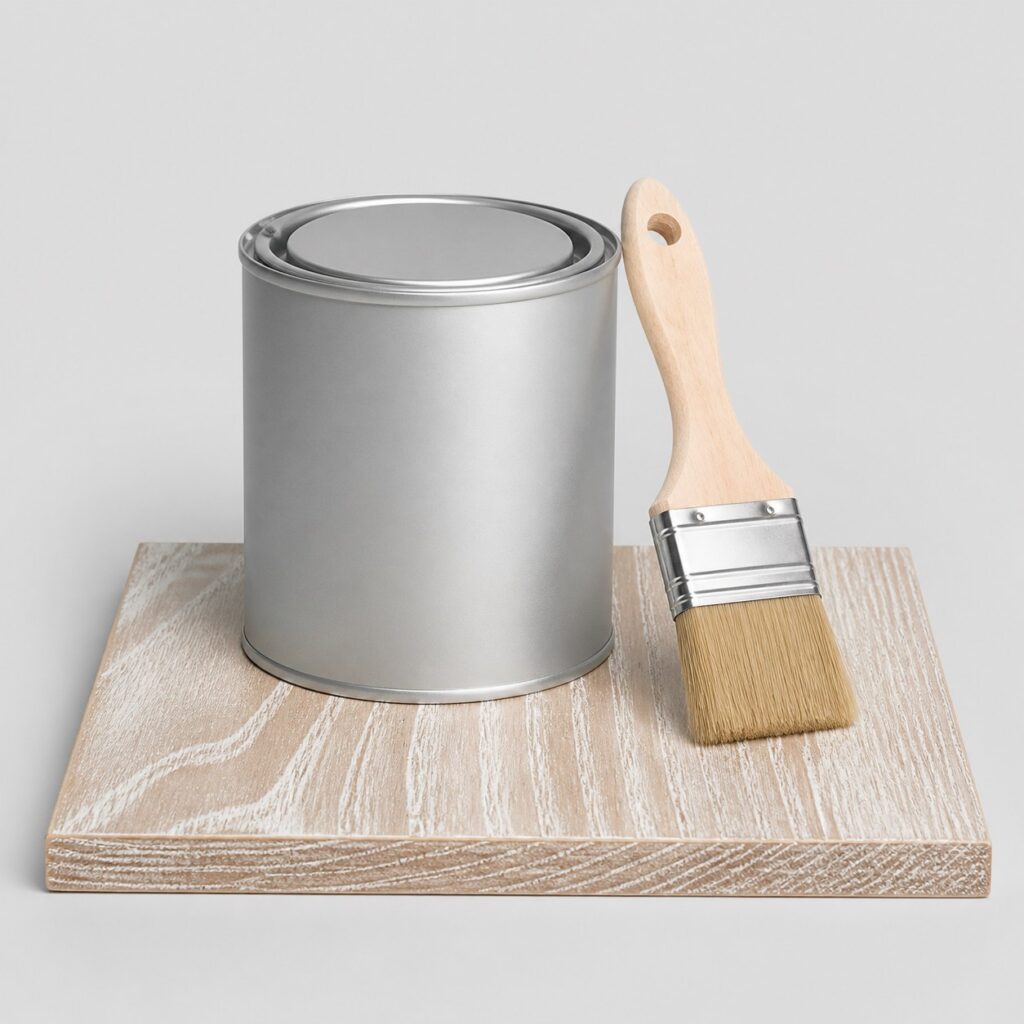 Pot de vernis blanc pour bois 0,5 L avec pinceau et planche de chêne cérusée blanc, fond gris clair