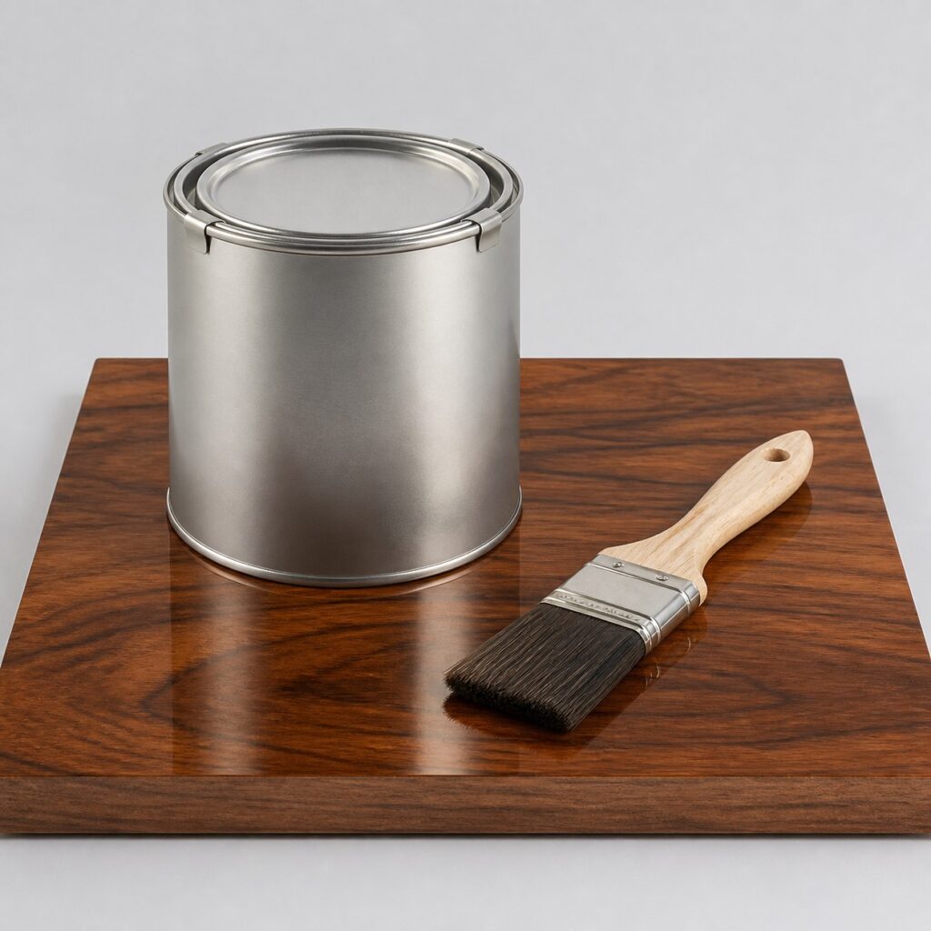 Pot de vernis bois brillant 0,75 L avec pinceau et planche de noyer vernie brillante, fond gris clair