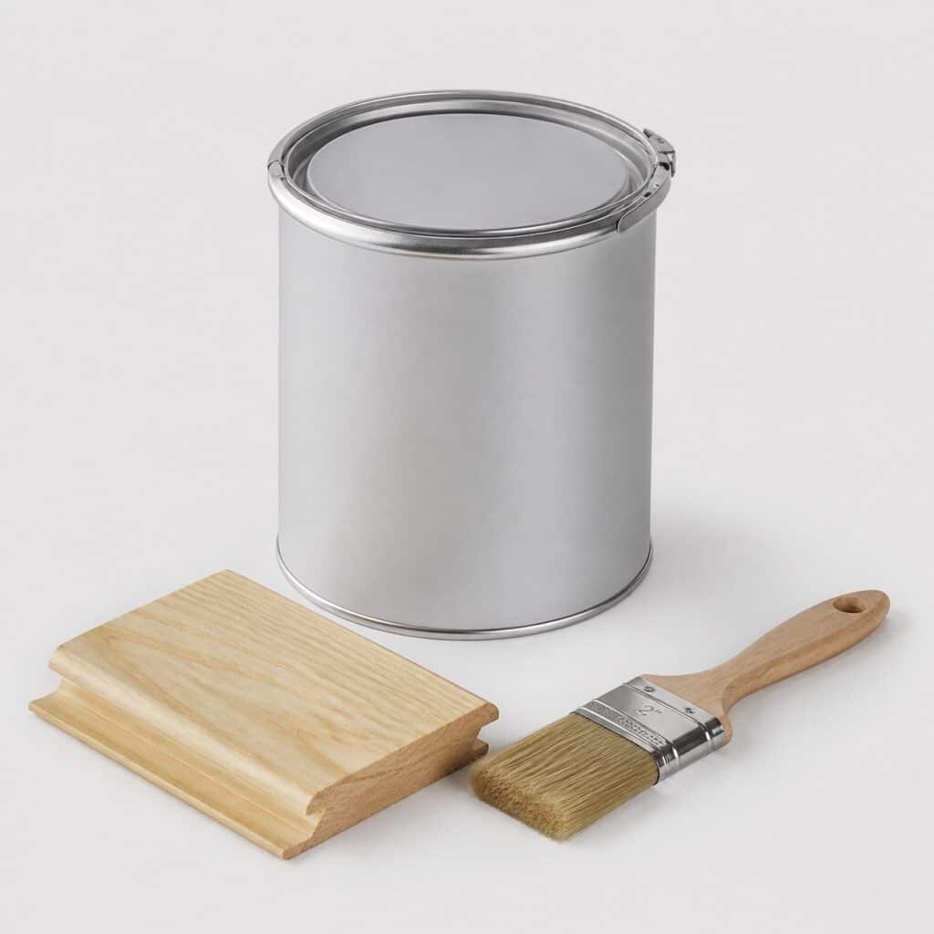 Pot de vernis bois extérieur 1 L avec pinceau et lame de volet vernie mate, fond gris clair