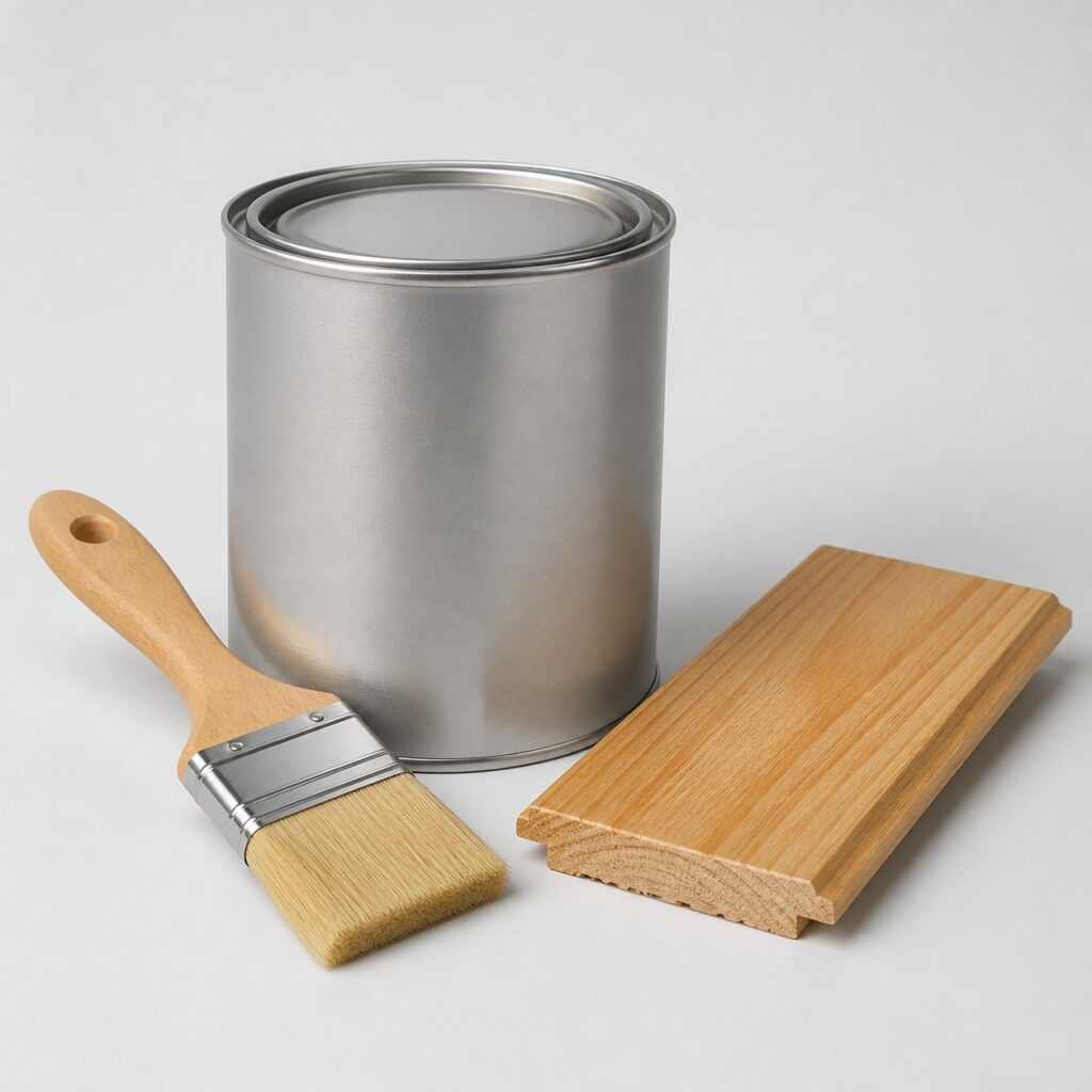 Pot de vernis bois incolore extérieur 0,75 L avec pinceau et lame de mélèze vernie satinée, fond gris clair