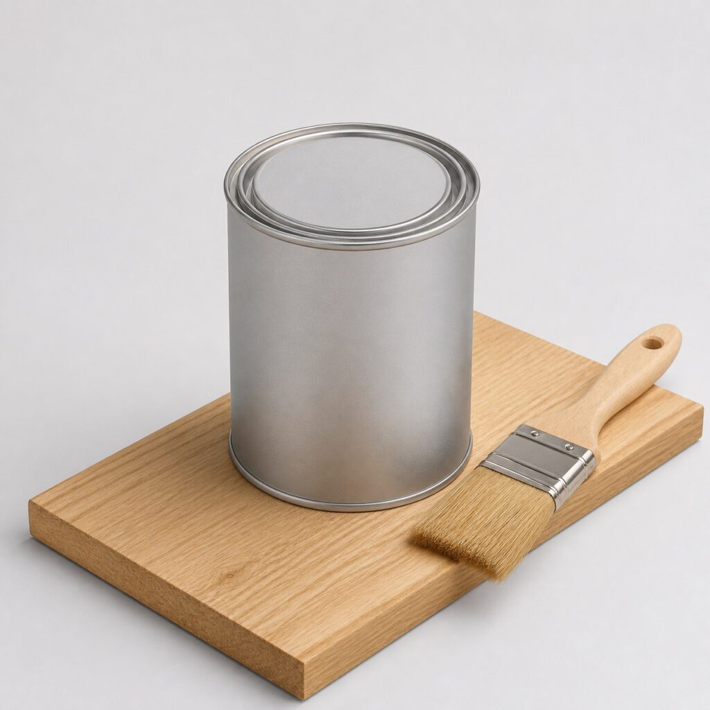 Pot de vernis bois incolore mat 0,5 L avec pinceau et planche de chêne vernie mate, fond gris clair