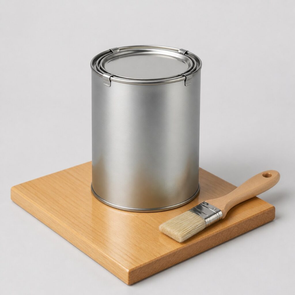 Pot de vernis bois intérieur 1 L avec pinceau et planche de hêtre vernie satinée, fond gris clair