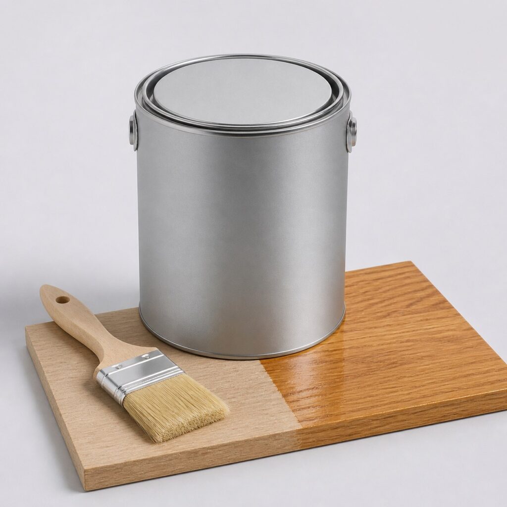 Pot de vernis pour bois 1 L avec pinceau et planche de chêne vernie satinée, fond gris clair